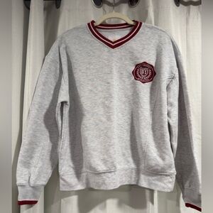 Lazy Sunday Women Ivy League Athletics V-Neck Sweatshirt Gray Burgundy Varsity S